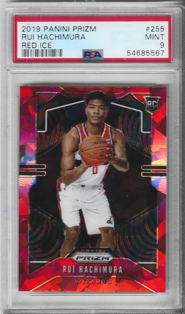 Rui Hachimura 2019 Panini Prizm Red Ice Rookie Card (PSA MINT 9) #255: Rui Hachimura 2019 Panini Prizm Red Ice Rookie Card (PSA MINT 9) #255 The Rui Hachimura 2019 Panini Prizm Red Ice Rookie Card (PSA MINT 9) #255 features a vibrant red ice design, showcasing the rookie