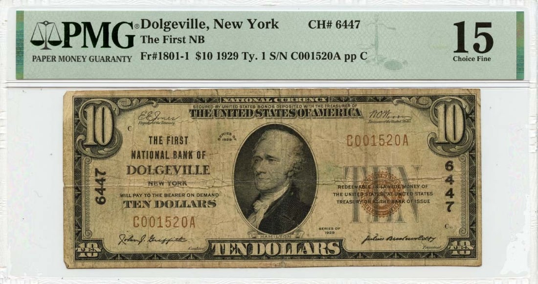 1929 $10 Ty1 First National Bank Dolgeville NY CH#6447 PMG F15: 1929 $10 Ty1 First National Bank Dolgeville NY CH#6447 PMG F15 The 1929 $10 Ty1 First National Bank Dolgeville NY features a distinctive design and certification from PMG, with a grade of F15. This ci