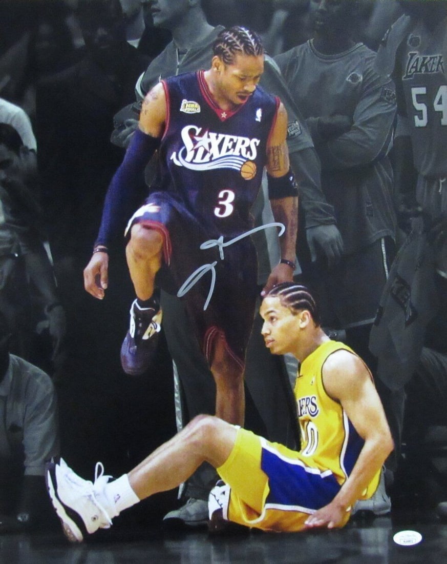 Philadelphia 76ers Allen Iverson Autographed 16x20 Photo HOF: Philadelphia 76ers Allen Iverson Autographed 16x20 Photo HOF Authentic Allen Iverson signed photo, certified by JSA BAS and Beckett League. This official Philadelphia 76ers team photo features the leg