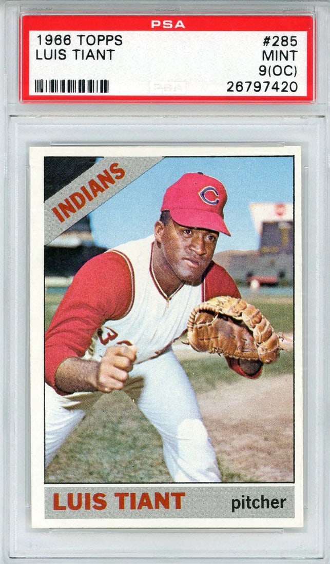 Luis Tiant 1966 Topps Card #285 (PSA Mint 9 OC): Luis Tiant 1966 Topps Card #285 (PSA Mint 9 OC) Mint condition, the Luis Tiant 1966 Topps Card #285 is slabbed by PSA and graded as a Mint 9 OC. This iconic baseball card features one of the greatest 