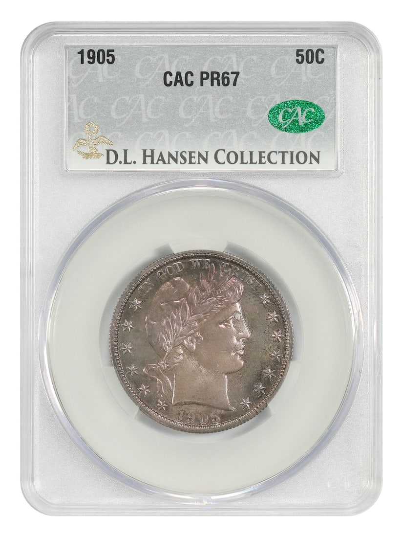 1905 50C CACG PR67 ex: D.L. Hansen: 1905 50C CACG PR67 ex: D.L. Hansen The 1905 50C CACG PR67 coin boasts exceptional condition, with its Philadelphia mint mark and high-grade certification from the Certified Antiques Coin Guaranty (CAC