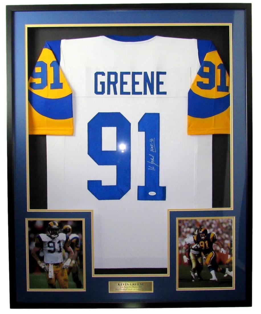 Kevin Greene HOF Signed Framed JSA 157845 Autographed Rams Football Jersey: Kevin Greene HOF Signed Framed JSA 157845 Autographed Rams Football Jersey Signed by Kevin Greene, a member of the Pro Football Hall of Fame, this framed JSA authenticated Los Angeles Rams football je