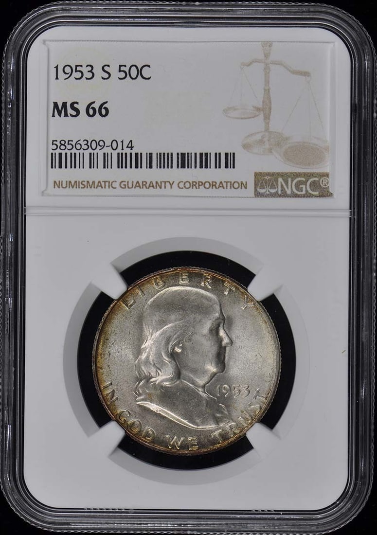 NGC MS66 50C 1953-S Franklin Half Dollar: NGC MS66 50C 1953-S Franklin Half Dollar NGC MS66 50C 1953-S Franklin Half Dollar. This uncirculated 1953-S Franklin half dollar boasts an impressive NGC MS66 grade, showcasing exceptional detail and 