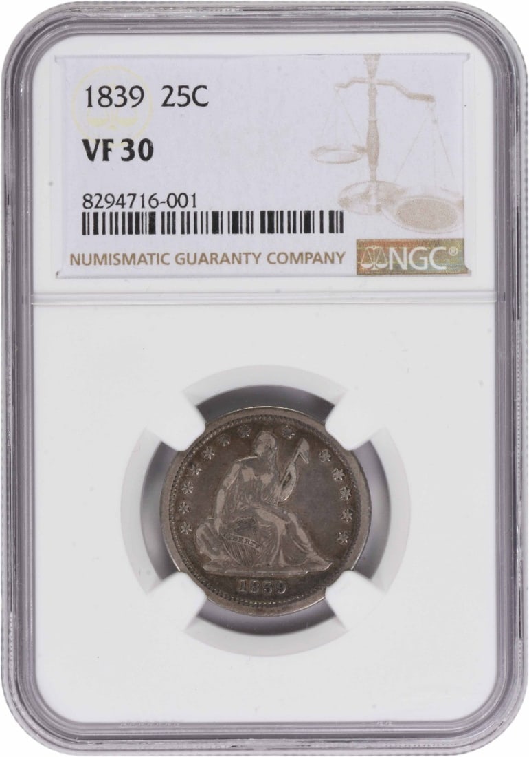 Silver Quarter 1839 No Drapery Liberty Seated VF30 NGC: Silver Quarter 1839 No Drapery Liberty Seated VF30 NGC The 1839 Silver Quarter features Thomas Sully's iconic design for Seated Liberty, with Christian Gobrecht's artistic direction. This circulated c