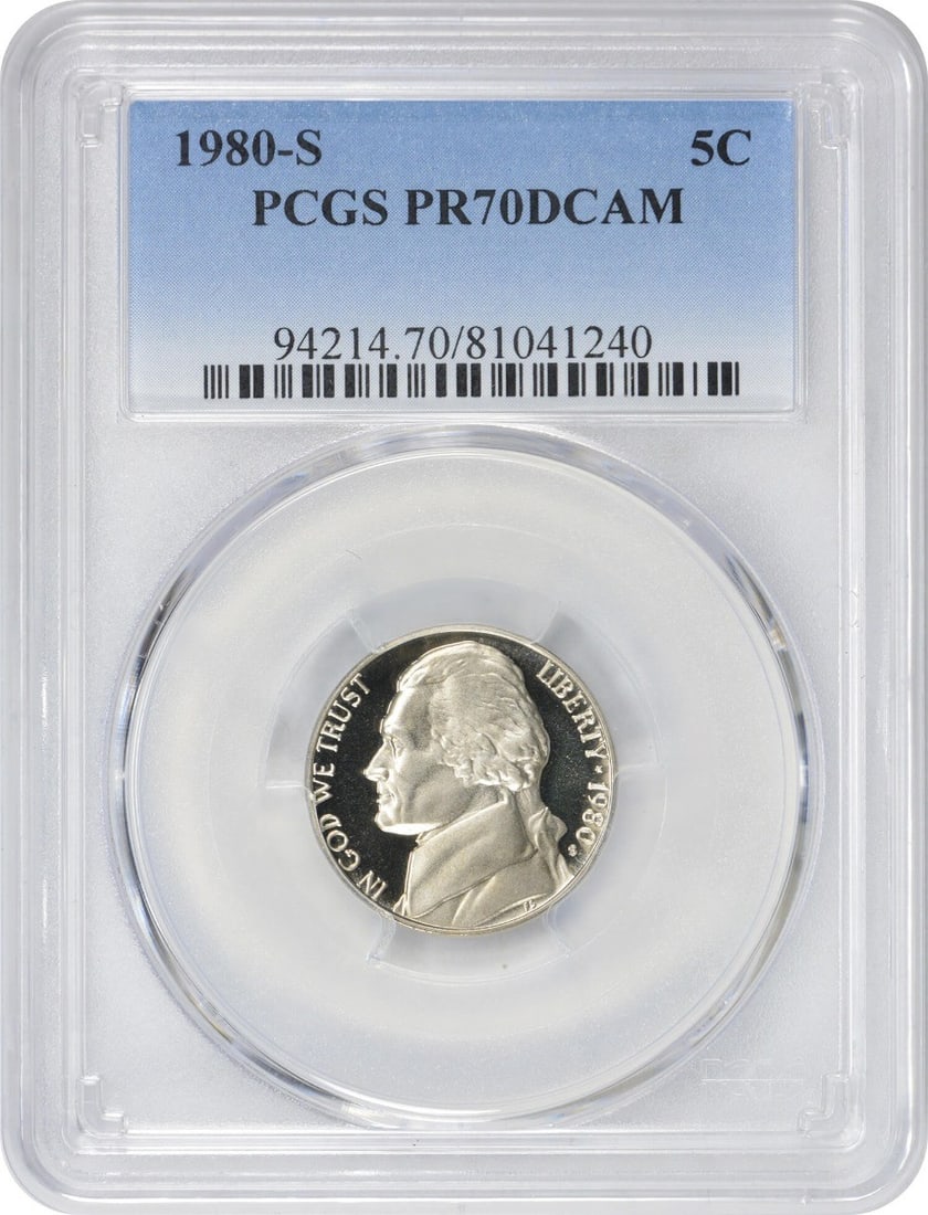 1980-S Jefferson Nickel PR70DCAM PCGS: 1980-S Jefferson Nickel PR70DCAM PCGS The 1980-S Jefferson Nickel PR70DCAM PCGS boasts exceptional condition, graded PR70 by the prestigious Professional Coin Grading Service. This stunning coin featu