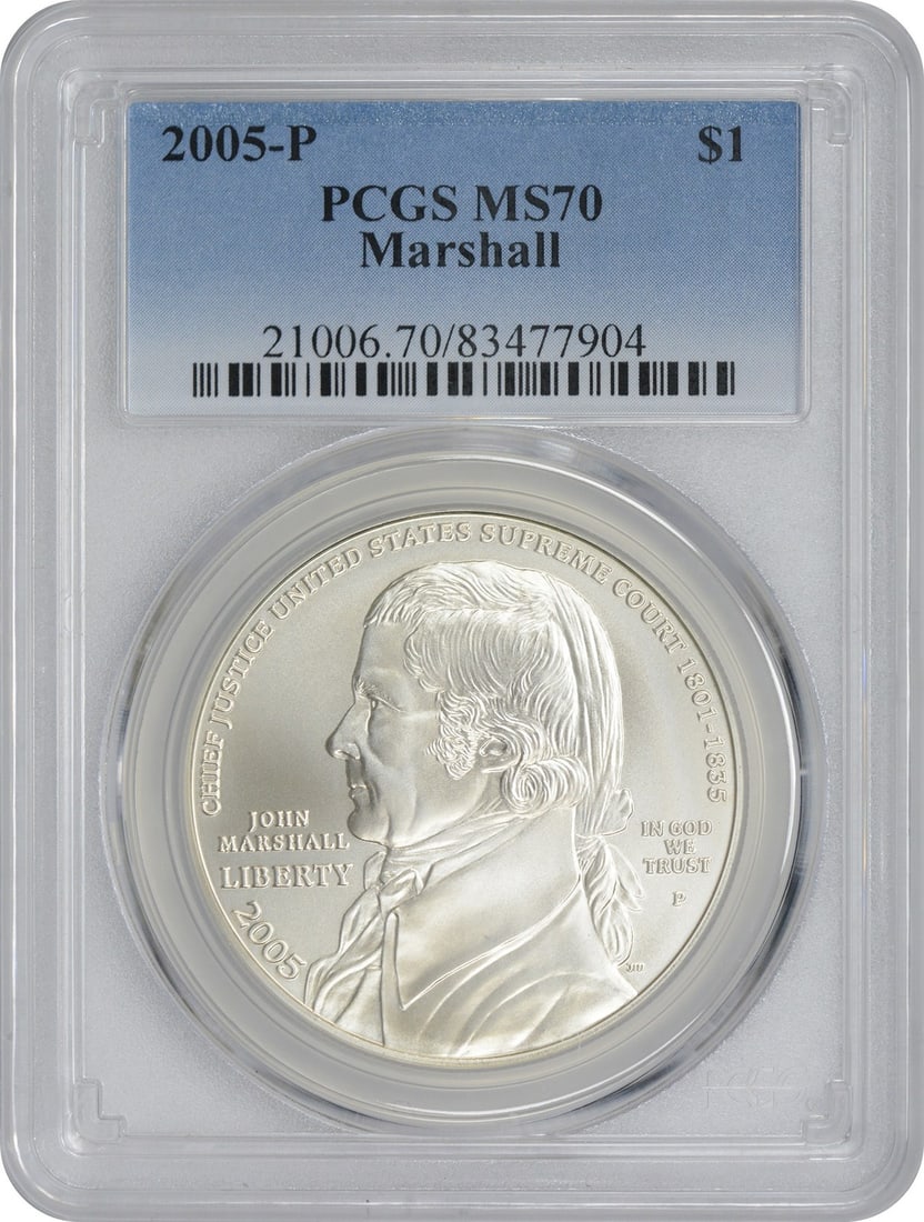 2005-P Marshall Silver Commemorative Dollar MS70 PCGS: 2005-P Marshall Silver Commemorative Dollar MS70 PCGS MS70 PCGS graded, the 2005-P Marshall Silver Commemorative Dollar boasts an exceptionally high level of detail and luster, showcasing its
