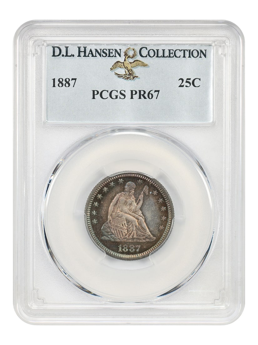 1887 25C PCGS PR67 ex: D.L. Hansen: 1887 25C PCGS PR67 ex: D.L. Hansen This 1887 25C coin is certified by PCGS as PR67, indicating it has been graded at the highest level of preservation. The coin was previously owned by D.L. Hansen, a