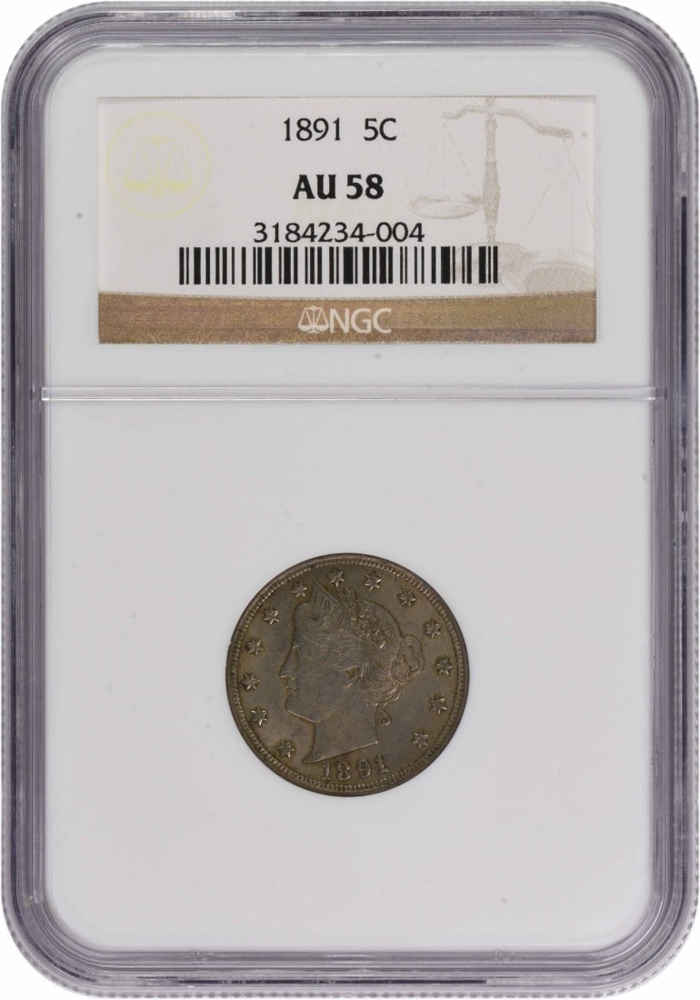 1891 Liberty Nickel AU58 NGC: 1891 Liberty Nickel AU58 NGC The 1891 Liberty Nickel features a striking design by Charles E. Barber, with its classic portrait of Lady Liberty on the obverse and a detailed depiction of Fort Knox on 