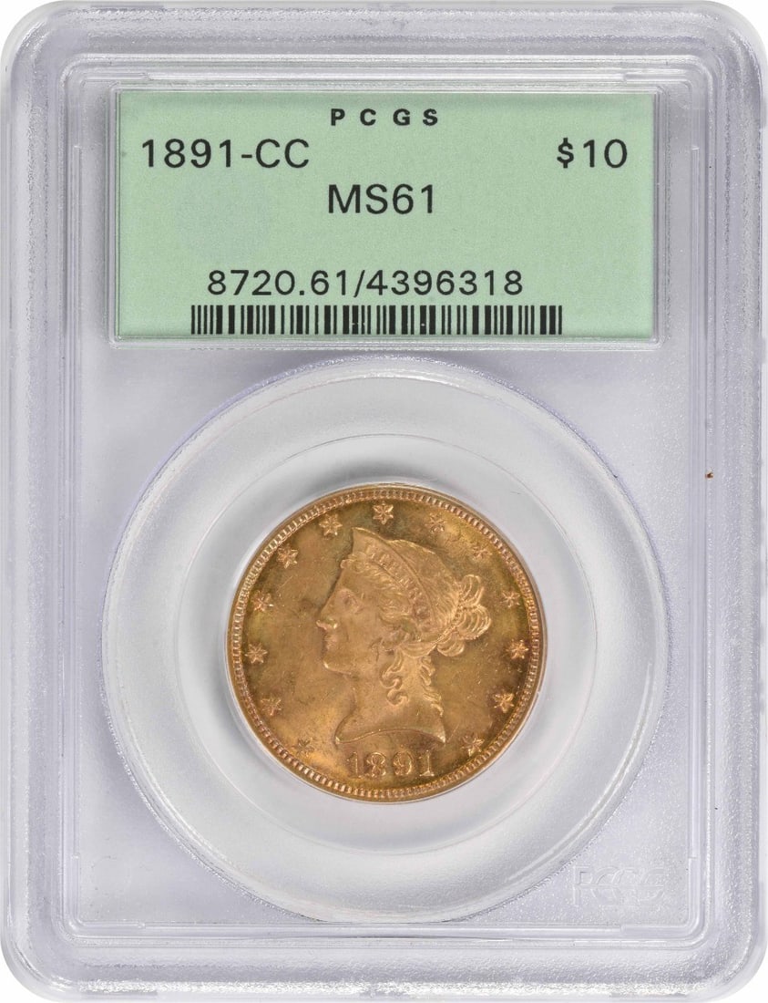1891-CC $10 Gold Liberty Head MS61 PCGS: 1891-CC $10 Gold Liberty Head MS61 PCGS The 1891-CC $10 Gold Liberty Head MS61 PCGS features a rich history, bearing the signature of Christian Gobrecht, the designer of the iconic gold coin. This cir