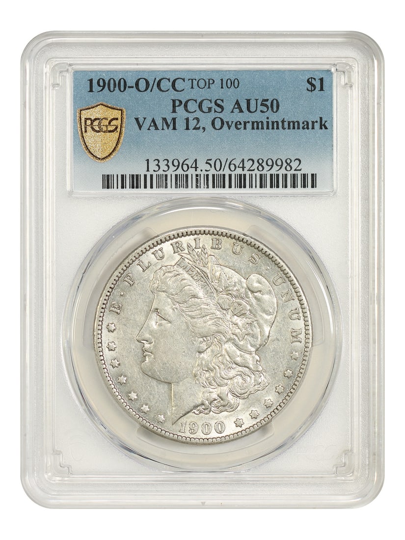 1900-O/ CC $1 PCGS AU50 (VAM-12, Overmintmark) - Morgan Dollar: 1900-O/ CC $1 PCGS AU50 (VAM-12, Overmintmark) - Morgan Dollar The 1900-O/CC $1 Morgan Dollar, graded AU50 by PCGS, boasts an Overmintmark, a unique feature that sets it apart from other circulated co