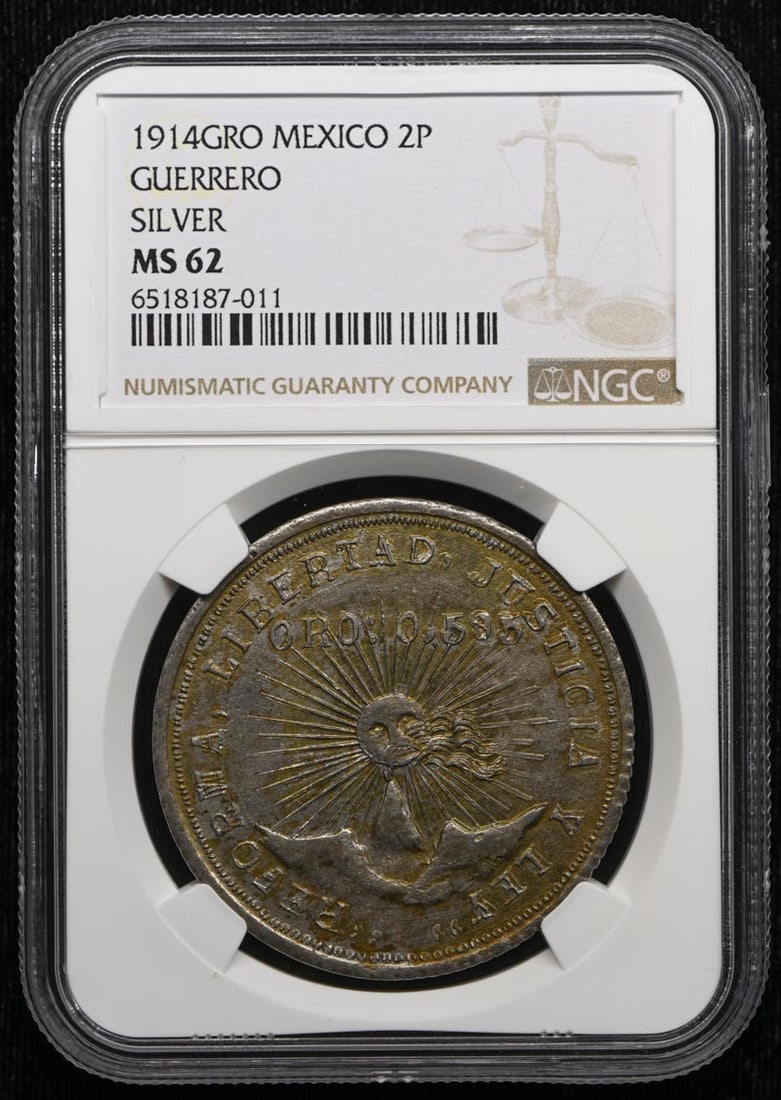 1914GRO MEXICO GUERRERO KM-643 GB-212 2P NGC MS62: 1914GRO MEXICO GUERRERO KM-643 GB-212 2P NGC MS62 This 1914 Mexico Guerrero coin boasts an MS62 grade, indicating exceptional condition. Certified by NGC, it bears the certification number GB-212 and 