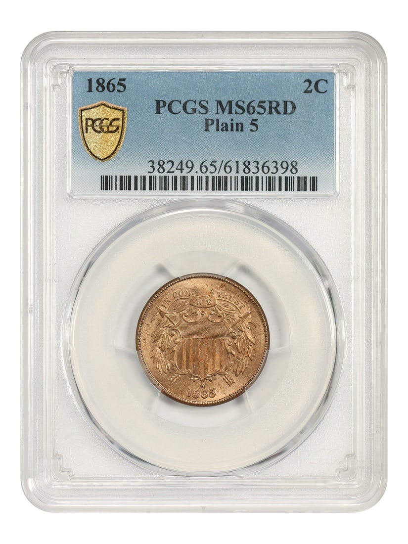 1865 2C PCGS MS65RD (Plain 5) - Two Cent - Great Type Coin: 1865 2C PCGS MS65RD (Plain 5) - Two Cent - Great Type Coin The 1865 2C PCGS MS65RD (Plain 5) Two Cent coin boasts a rich history, featuring the Plain 5 design and a stunning MS65RD grade from the Prof