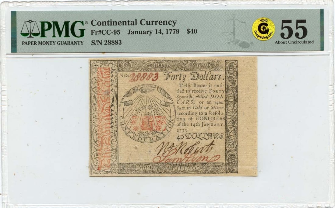 1779 January 14, $40 Continental Currency FR#CC-95 PMG AU55 GCC Gold: 1779 January 14, $40 Continental Currency FR#CC-95 PMG AU55 GCC Gold The $40 Continental Currency, issued on January 14, 1779, features a PMG AU55 grade and is certified by PMG. This circulated note b
