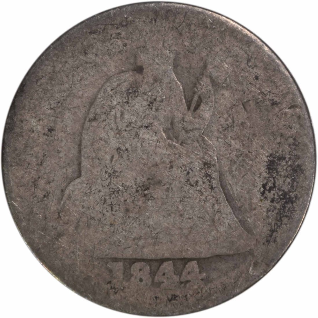 Silver Dime 1844 Uncertified Liberty Seated: Silver Dime 1844 Uncertified Liberty Seated The 1844 Silver Dime is an intriguing piece, bearing the distinctive design of Seated Liberty and featuring a reeded edge. With its circulated condition and