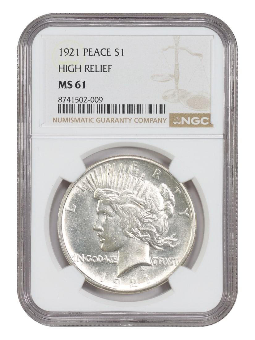 $1 High Relief 1921 Peace Dollar - Scarce First Year Issue: $1 High Relief 1921 Peace Dollar - Scarce First Year Issue The 1921 High Relief Peace Dollar is a scarce first-year issue, with only a limited number minted in Philadelphia. This uncirculated coin bea