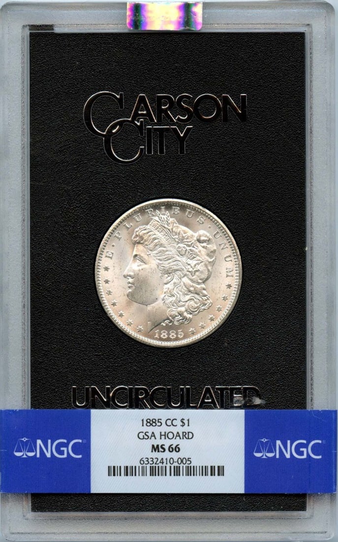 1885-CC Morgan Dollar GSA HOARD S$1 NGC MS66: 1885-CC Morgan Dollar GSA HOARD S$1 NGC MS66 The 1885-CC Morgan Dollar GSA HOARD S$1 NGC MS66 is an uncirculated coin with a high grade of MS66, indicating excellent condition. Certified by the Numism