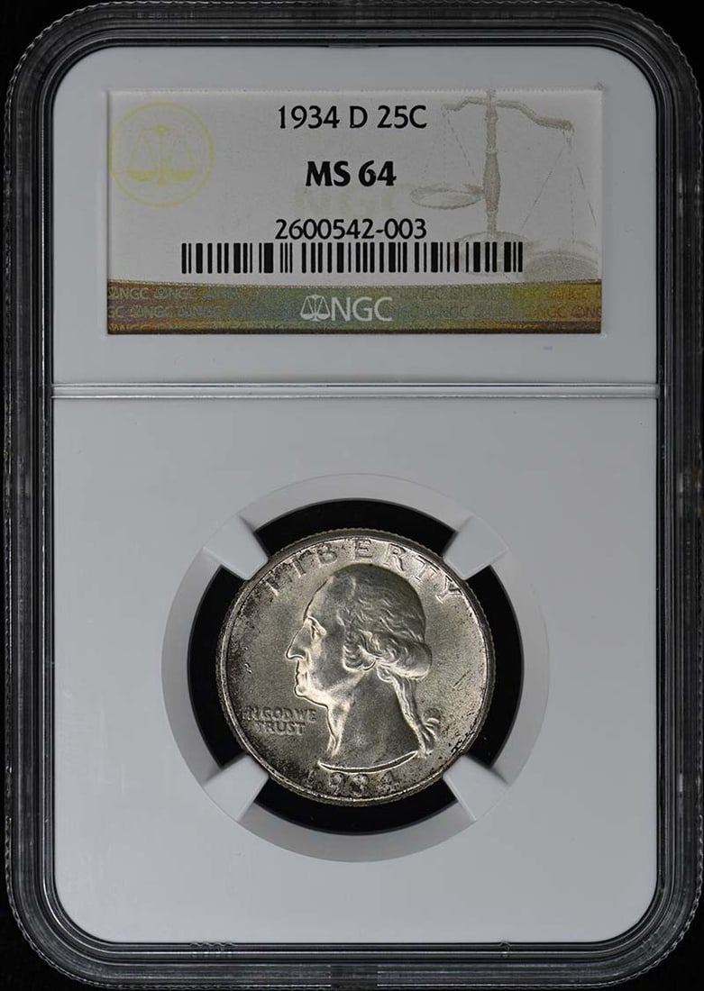 1934-D Washington Quarter 25C NGC MS64: 1934-D Washington Quarter 25C NGC MS64 The 1934-D Washington Quarter, graded MS64 by the Numismatic Guaranty Corporation (NGC), boasts exceptional mint state condition. This uncirculated coin features
