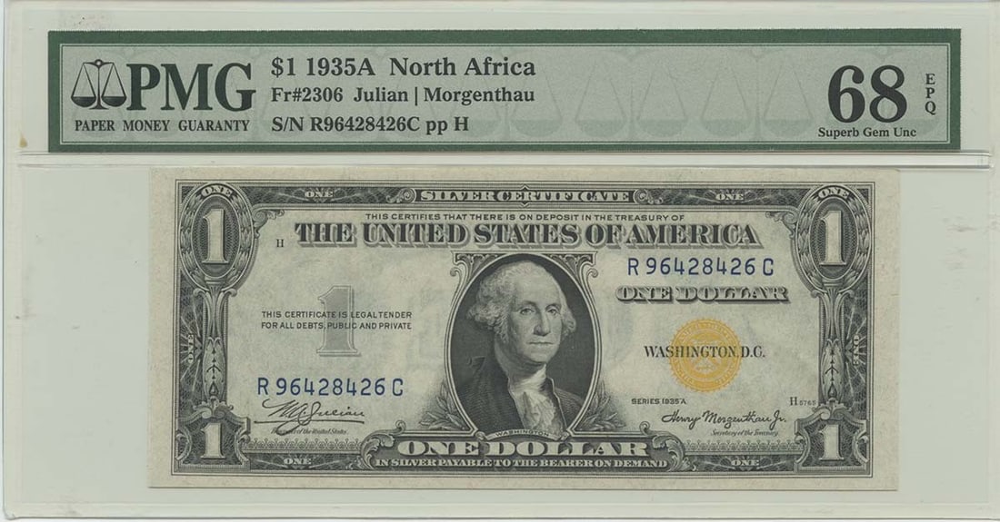 1935A $1 WWII N Africa FR#2306 PMG 68 Superb Gem EPQ RC Block: 1935A $1 WWII N Africa FR#2306 PMG 68 Superb Gem EPQ RC Block The 1935A $1 WWII N Africa FR#2306 PMG 68 Superb Gem EPQ RC Block is an uncirculated example of a rare and highly sought-after US currency