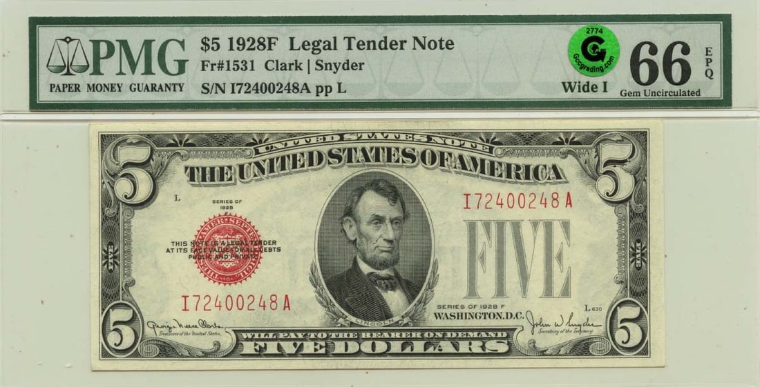 1928F $5 Legal Tender Note FR#1531 Wide I PMG GEM 66 EPQ GCC Green: 1928F $5 Legal Tender Note FR#1531 Wide I PMG GEM 66 EPQ GCC Green The 1928F $5 Legal Tender Note features a unique wide I PMG GEM 66 EPQ GCC Green grade, showcasing exceptional condition and preserva
