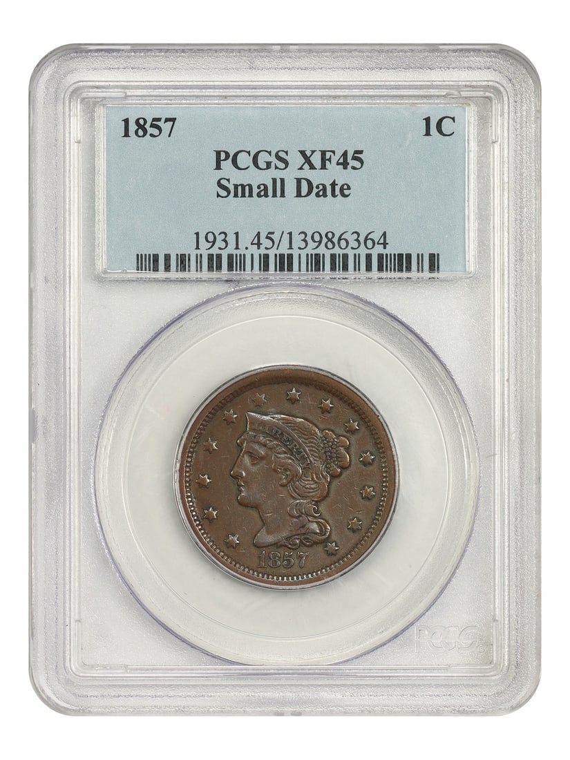PCGS XF45 Small Date Braided Hair Cent: PCGS XF45 Small Date Braided Hair Cent Small Date Braided Hair Cent, PCGS XF45. This circulated 1857 cent features a small date and bears the signature of its creator. Certified by PCGS as an XF45, it