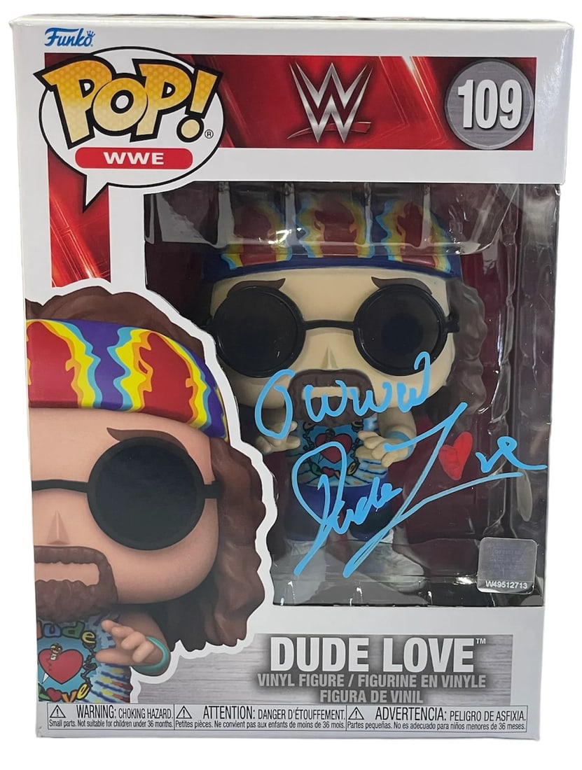 Mick Foley Autographed Dude Love Funko Pop (JSA): Mick Foley Autographed Dude Love Funko Pop (JSA) Mick Foley's Dude Love Funko Pop bears the unmistakable signature of the WWE legend in blue paint pen across the belt. This JSA authenticated item come