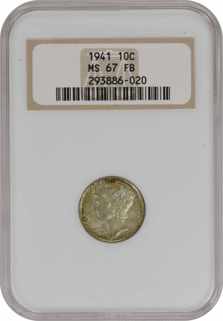 MS67FB Mercury Dime 1941 Silver: MS67FB Mercury Dime 1941 Silver The MS67FB Mercury Dime 1941 Silver boasts an impressive grade, certified by the NGC as Uncirculated. With only 175,090,000 minted, this coin's mintage is relatively lo