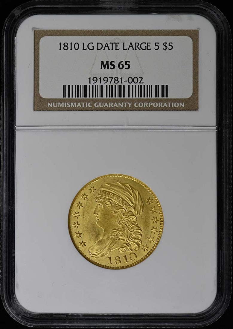 LG DATE 1810 LARGE $5 CAPPED BUST MS65: LG DATE 1810 LARGE $5 CAPPED BUST MS65 The LG DATE 1810 LARGE $5 CAPPED BUST MS65 features a striking design with a large cap on the obverse, showcasing the iconic portrait of Lady Liberty. This coin 