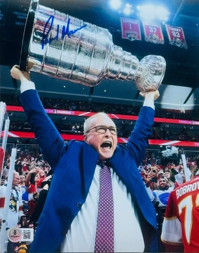 Paul Maurice Autographed Panthers 8x10 Photo (Beckett): Paul Maurice Autographed Panthers 8x10 Photo (Beckett) Signed by Paul Maurice, a talented artist behind the iconic Panthers logo. This Beckett-graded 8x10 photo features Maurice's signature in blue sh