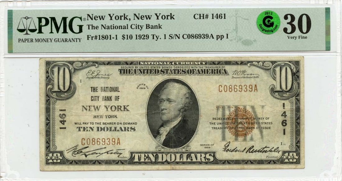 1929 Ty1 National City Bank New York NY CH#1461 PMG VF30 GCC Green: 1929 Ty1 National City Bank New York NY CH#1461 PMG VF30 GCC Green The 1929 Ty1 National City Bank $10 bill features a distinctive design, including the iconic portrait of Salmon P. Chase and a vignet