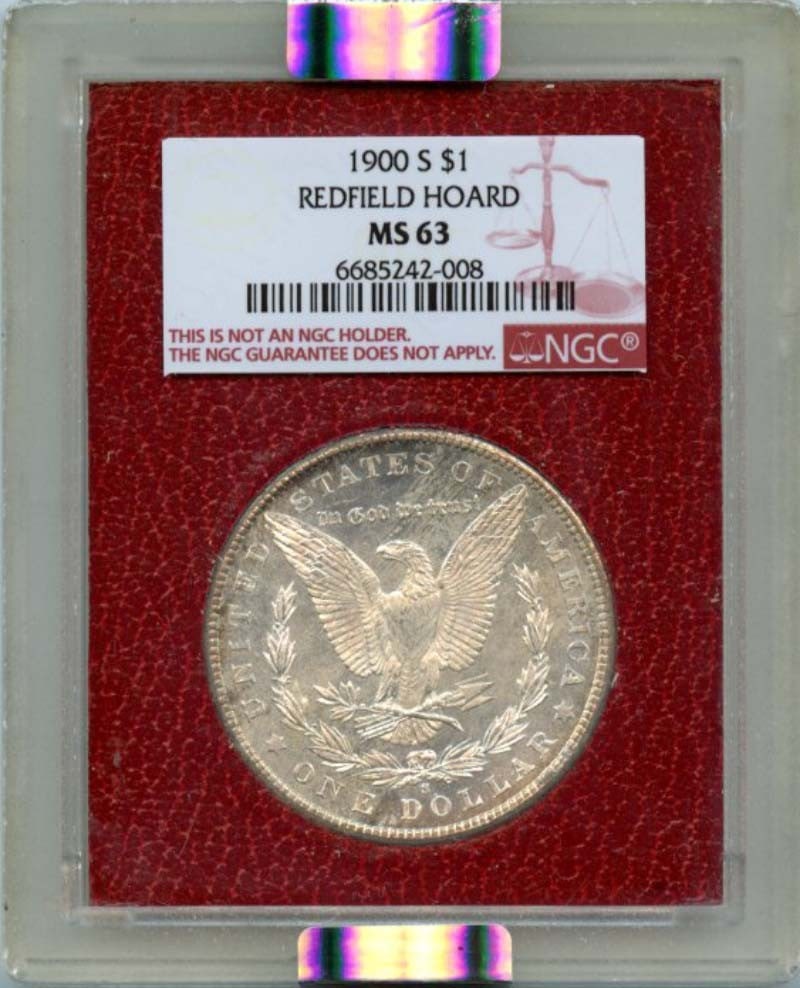Redfield Hoard MS63 $1 Silver Dollar 1900 S: Redfield Hoard MS63 $1 Silver Dollar 1900 S The Redfield Hoard MS63 $1 Silver Dollar 1900 S features an NGC certification and is graded MS63, indicating its high level of condition. This uncirculated 