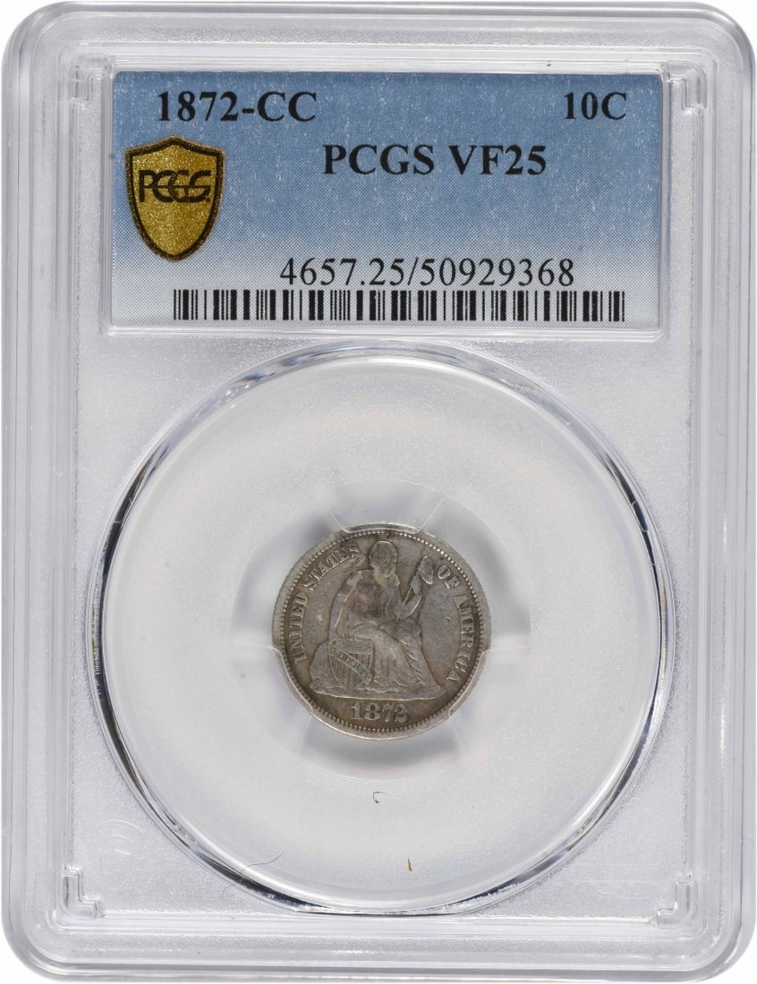 1872-CC Liberty Seated Silver Dime VF25 PCGS: 1872-CC Liberty Seated Silver Dime VF25 PCGS The 1872-CC Liberty Seated Silver Dime features a unique blend of 90% silver and 10% copper, making it a fascinating piece for numismatists. Certified by P