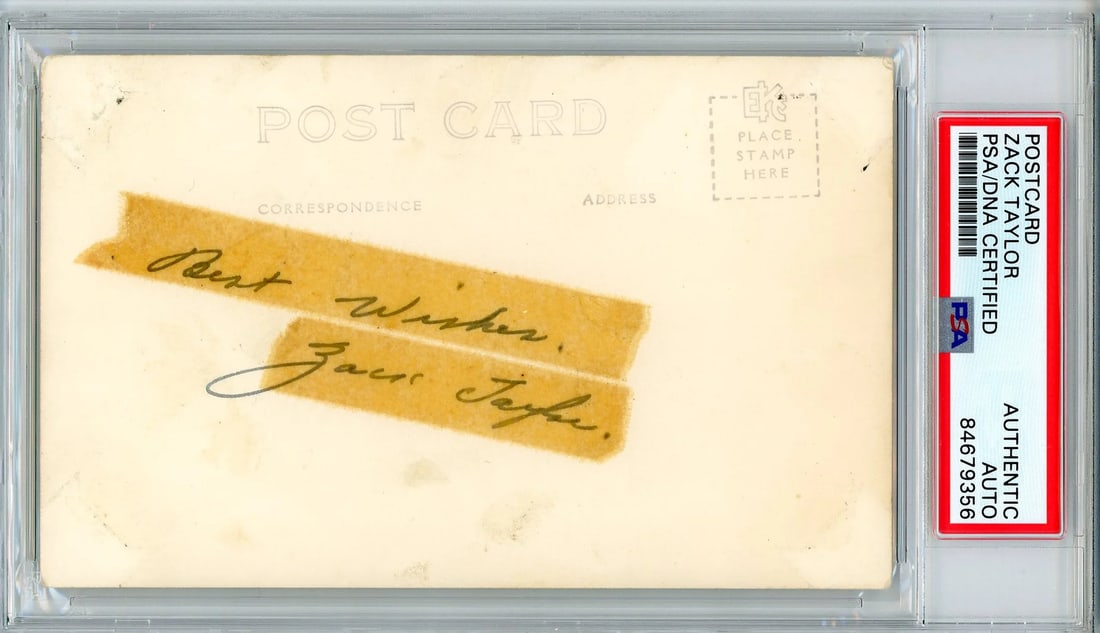 Zack Taylor Autographed Postcard (PSA): Zack Taylor Autographed Postcard (PSA) Signed by Zack Taylor in blue pen, this PSA/DNA authenticated postcard showcases the artist's mark. The item bears an official slab from PSA/DNA, verifying its l