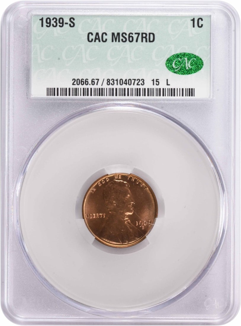 MS67RD Lincoln Cent 1939-S CACG: MS67RD Lincoln Cent 1939-S CACG MS67RD Lincoln Cent 1939-S CACG is an uncirculated copper coin featuring the iconic Lincoln Wheat design, minted in San Francisco in 1939. Certified by CACG as circulat