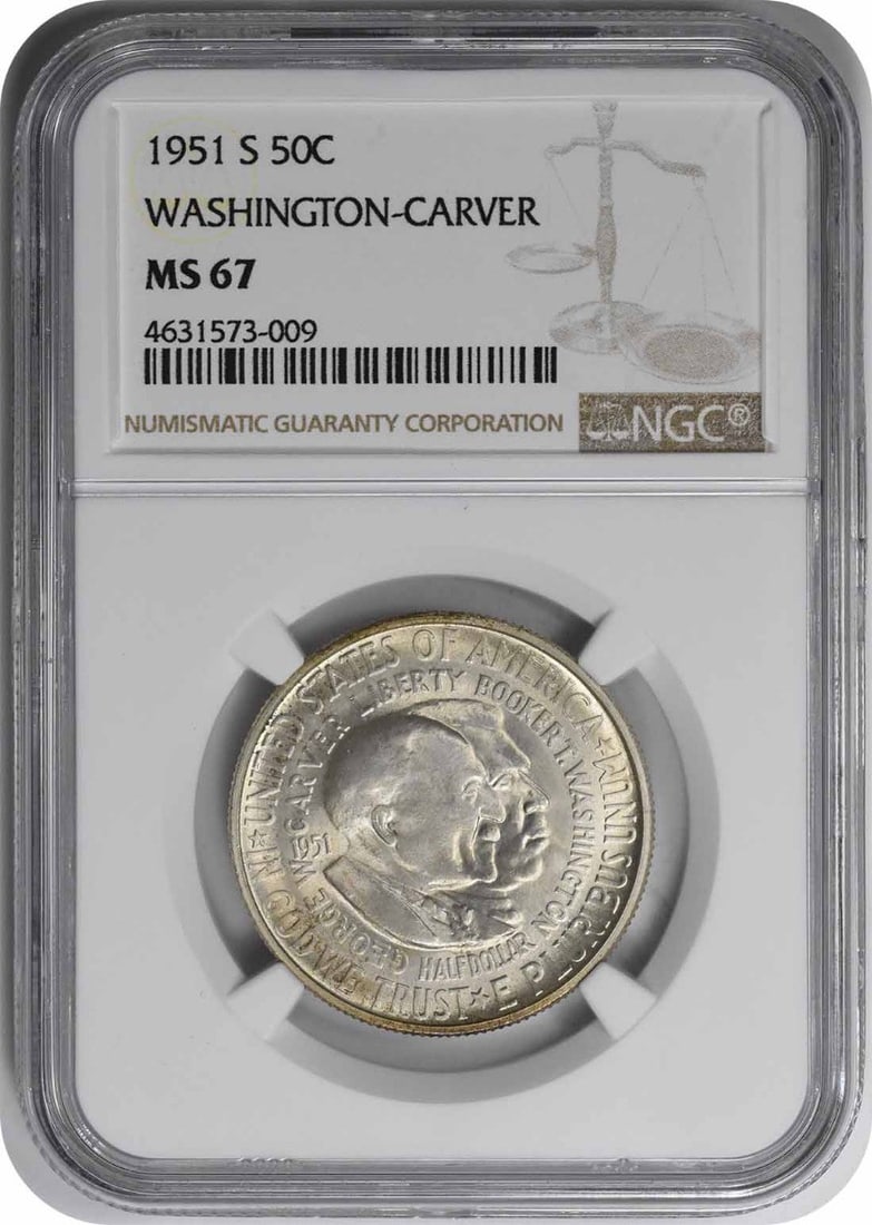 MS67 NGC Commemorative Silver Half Dollar 1951-S W Carver: MS67 NGC Commemorative Silver Half Dollar 1951-S W Carver The MS67 NGC Commemorative Silver Half Dollar 1951-S W Carver boasts exceptional condition, with its 90% silver and 10% copper composition mak
