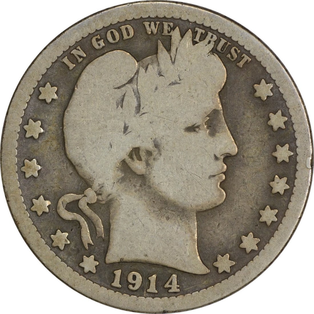 Uncertified VG 1914 S Barber Silver Quarter: Uncertified VG 1914 S Barber Silver Quarter This 1914 S Barber Silver Quarter features the iconic design of Charles E. Barber, with its reeded edge and circulated condition showcasing the wear and tea