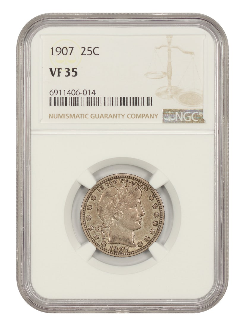 1907 25C NGC VF35 - Barber Quarter: 1907 25C NGC VF35 - Barber Quarter 1907 Barber Quarter in VF35 condition, certified by the Numismatic Guaranty Corporation (NGC). This circulated coin features the iconic Barber design and was minted 