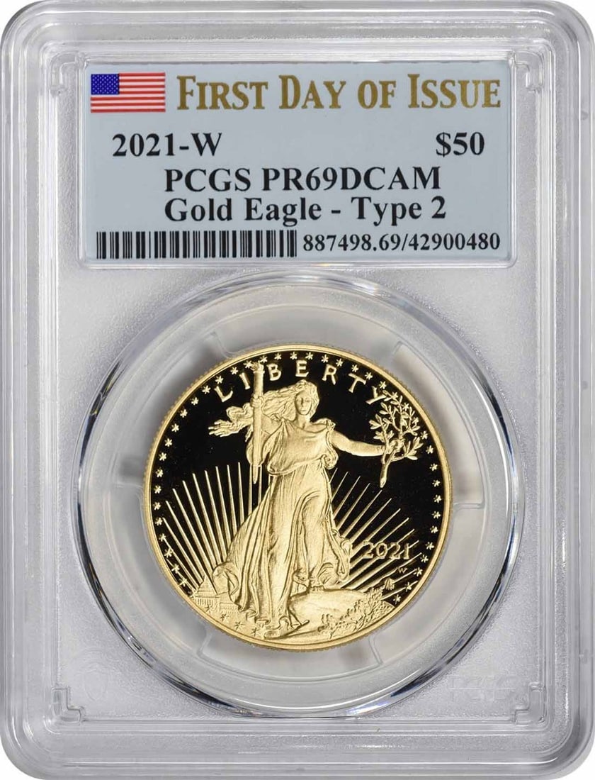 Proof Gold Eagle Type 2 $50 American Gold 2021 First Day Issue: Proof Gold Eagle Type 2 $50 American Gold 2021 First Day Issue The Proof Gold Eagle Type 2 $50 American Gold 2021 First Day Issue boasts a striking PR69 grade, showcasing exceptional detail and luster