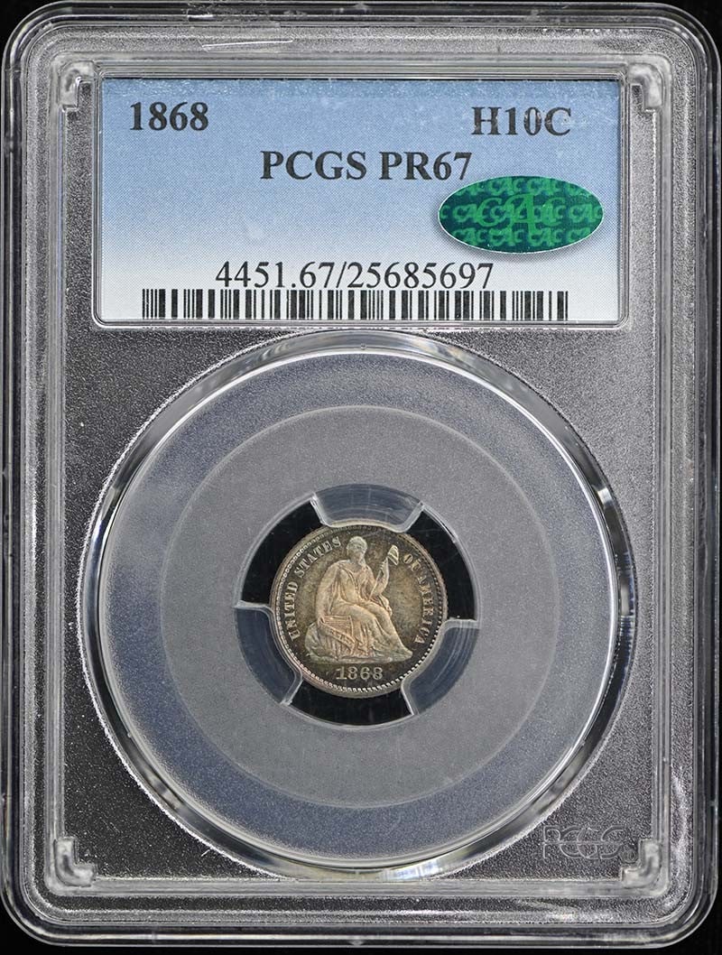 PCGS PR67 H10C Liberty Seated Half Dime 1868: PCGS PR67 H10C Liberty Seated Half Dime 1868 PCGS PR67 H10C Liberty Seated Half Dime 1868, certified by the leading authority in coin grading. This uncirculated example boasts a high grade of PR67, sh