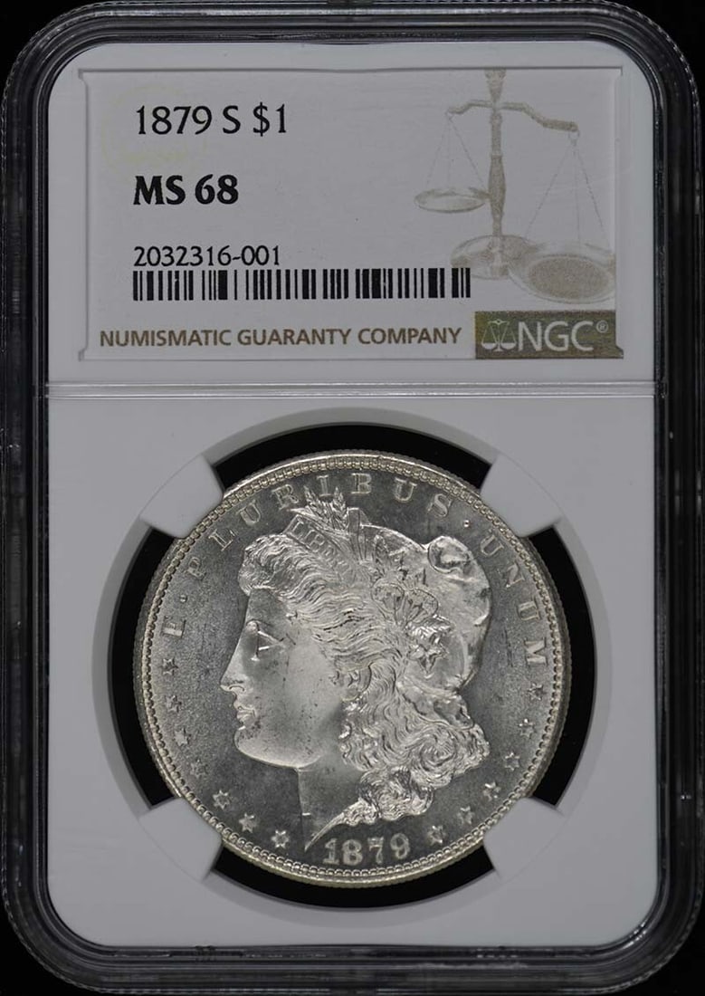 MS68 NGC S$1 Dollar 1879: MS68 NGC S$1 Dollar 1879 MS68 NGC S$1 Dollar 1879, graded by the Numismatic Guaranty Corporation (NGC) as MS68, showcases its exceptional condition with a high level of detail and luster. Certified in