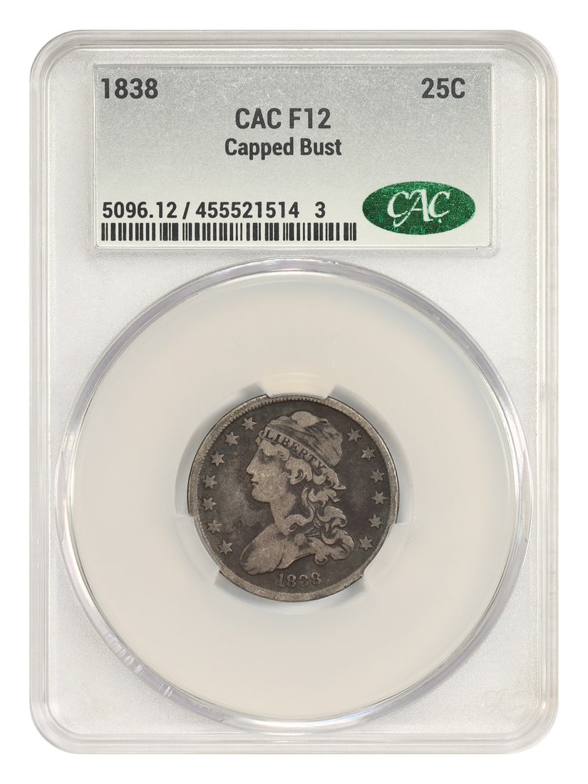 Fine 12 Capped Bust Quarter 25C 1838: Fine 12 Capped Bust Quarter 25C 1838 Capped Bust Quarter, 25 cents, 1838. This circulated coin features the iconic Capped Bust design and was minted in Philadelphia. Certified by the CACG with a uniqu