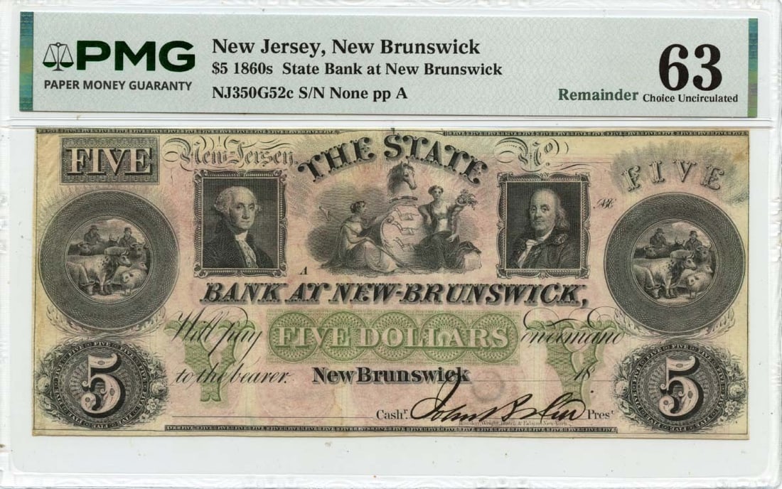 $5 New Brunswick New Jersey 1860s Obsolete Note State Bank Choice: $5 New Brunswick New Jersey 1860s Obsolete Note State Bank Choice MS63 Uncirculated New Brunswick Note from the State Bank, dated in the 1860s, boasts a striking design with its unique features. Certi