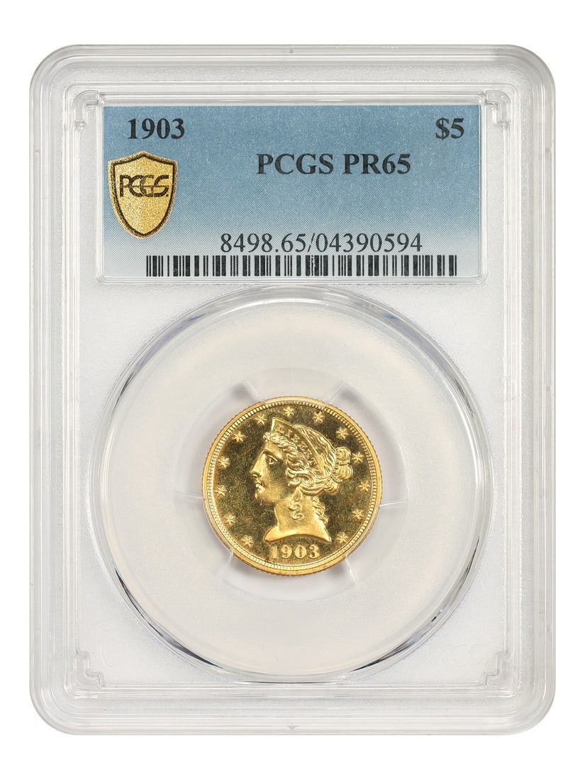Liberty Head $5 1903 PCGS PR65: Liberty Head $5 1903 PCGS PR65 The Liberty Head $5 1903 PCGS PR65 features a striking design with Lady Liberty standing proudly on the obverse, surrounded by intricate details. This uncirculated coin 