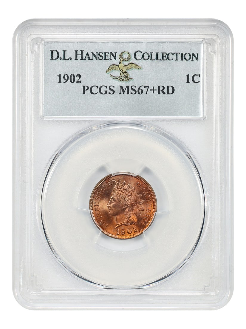 PCGS MS67+RD ex: D.L. Hansen only finer Indian Cent 1902!: PCGS MS67+RD ex: D.L. Hansen only finer Indian Cent 1902! The PCGS MS67+RD ex: D.L. Hansen only finer Indian Cent 1902 boasts exceptional mint state quality with a rich reddish tone, characteristic of