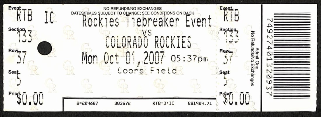 2007 NL Wild Card Tiebreaker Full Ticket Rockies 9 v Padres 8 10/ 1/ 2007 187524: 2007 NL Wild Card Tiebreaker Full Ticket Rockies 9 v Padres 8 10/ 1/ 2007 187524 Item Specifics: Sport: Baseball Product Disclaimer: Not affiliated with any team or league. Signatures are unverified u