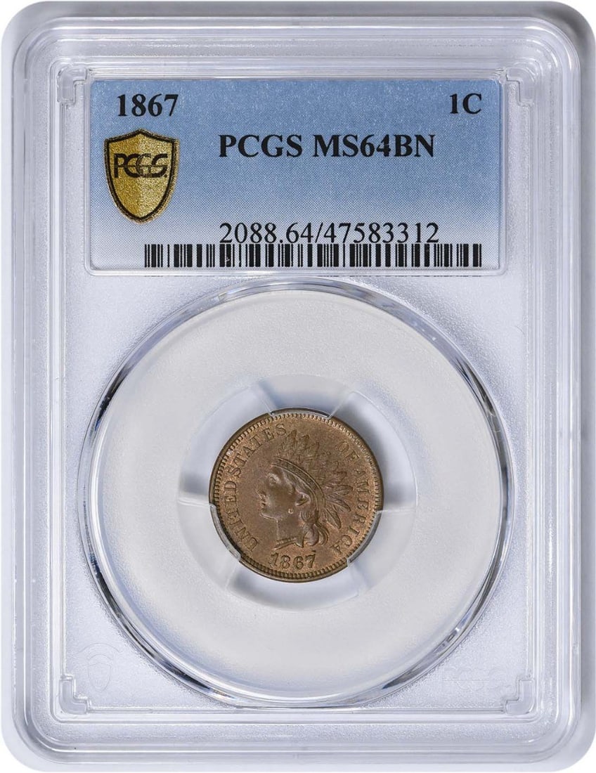 1867 Indian Cent RPD S-5 MS64BN PCGS: 1867 Indian Cent RPD S-5 MS64BN PCGS The 1867 Indian Cent RPD S-5 MS64BN PCGS is a highly graded and certified example of the Small Cent, featuring a striking MS64BN grade and a PCGS certification. Th