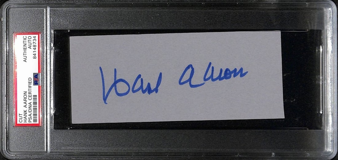 Hank Aaron HOF Signed/ Autographed 6x2.5 Cut Card Atlanta Braves PSA/ DNA 193441: Hank Aaron HOF Signed/ Autographed 6x2.5 Cut Card Atlanta Braves PSA/ DNA 193441 Item Specifics: Original/Reprint: Original Product: Cut Card Sport: Baseball Signed: YES Product Disclaimer: Not affili