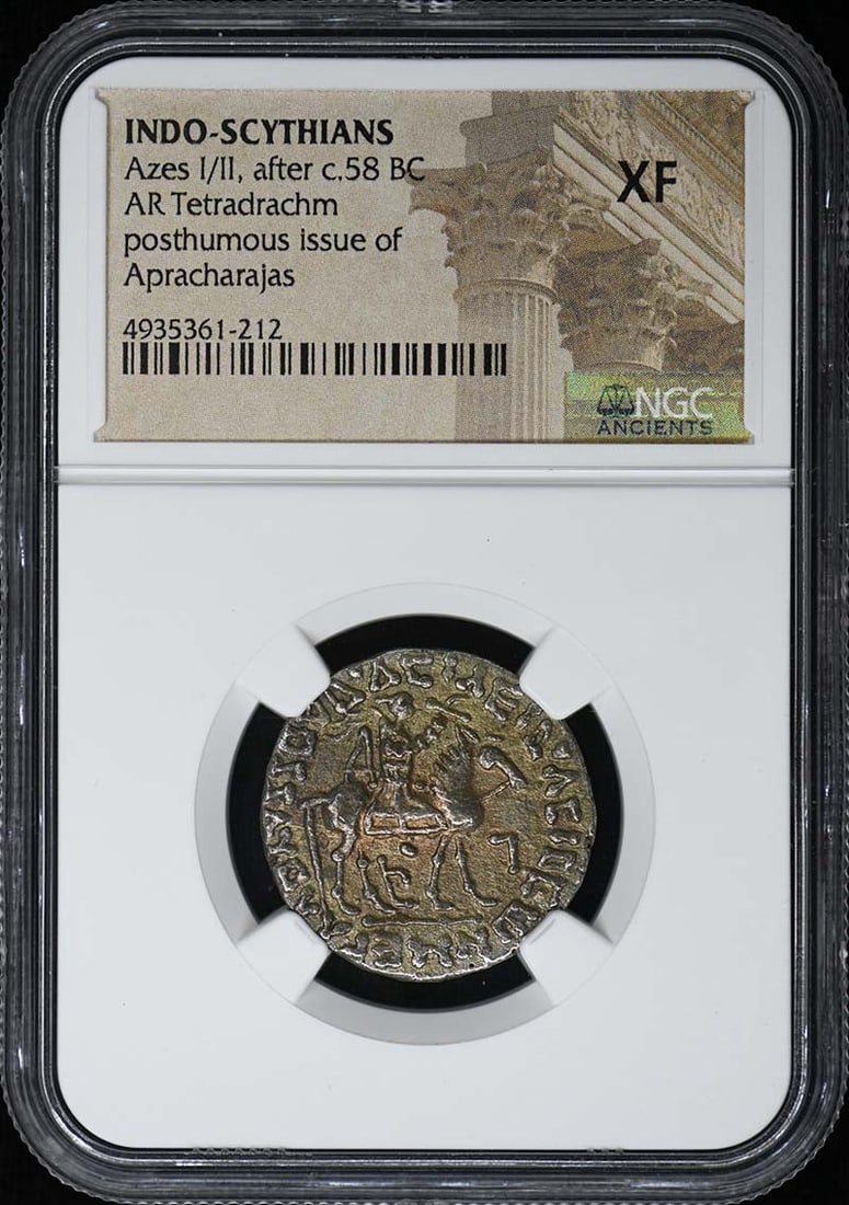 Azes I/ II, after c.58 BC INDO-SCYTHIANS AR Tetradrachm NGC XF: Azes I/ II, after c.58 BC INDO-SCYTHIANS AR Tetradrachm NGC XF Azes I/ II, after c.58 BC INDO-SCYTHIANS AR Tetradrachm NGC XF features a striking ancient coin with a high level of detail and preservat