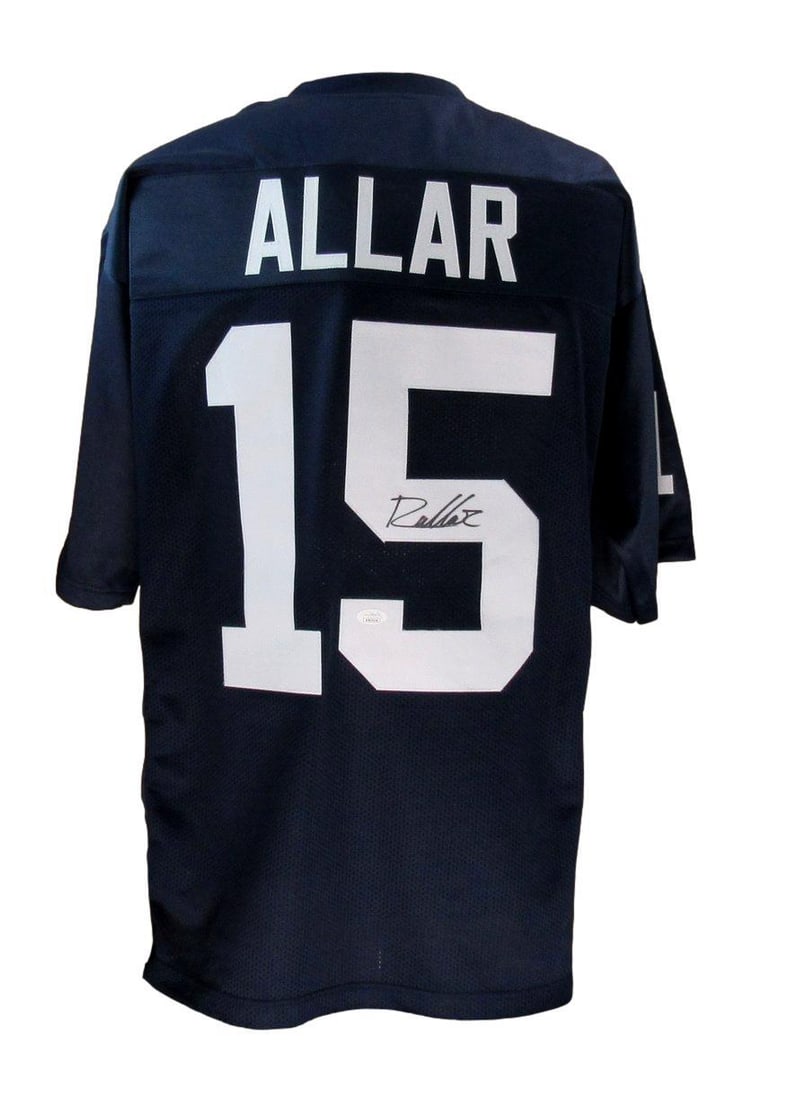 Drew Allar Autographed Blue Custom Football Jersey Penn State JSA 182884: Drew Allar Autographed Blue Custom Football Jersey Penn State JSA 182884 Drew Allar's signature on this blue custom football jersey bears the mark of JSA authentication, verifying its legitimacy. The 