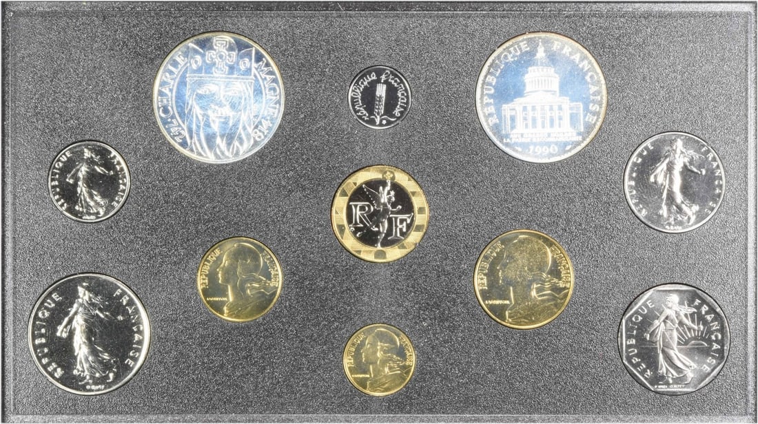 1990 France Specimen BU Set KMSS29 (11 Coins): 1990 France Specimen BU Set KMSS29 (11 Coins) The 1990 France Specimen Set KMSS29 features eleven coins, all certified as being in Brilliant Uncirculated (BU) condition. Each coin contains one ounce o