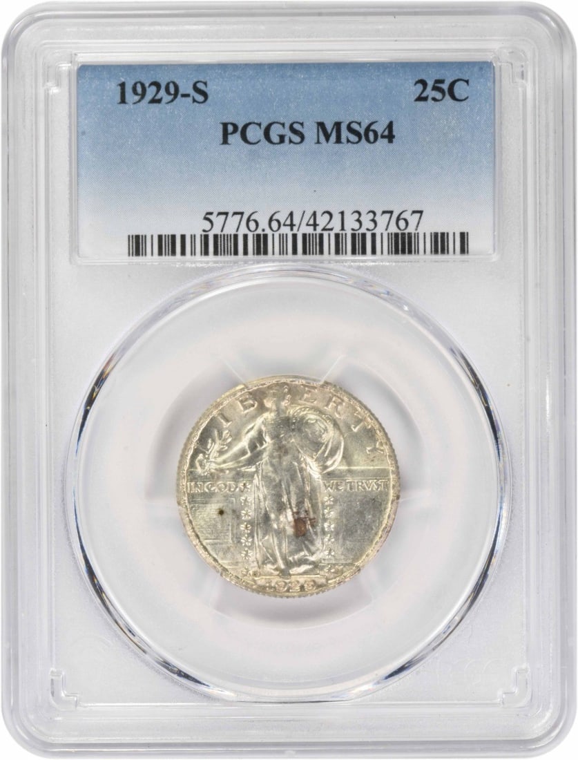 MS64 Standing Liberty Silver Quarter 1929-S: MS64 Standing Liberty Silver Quarter 1929-S MS64 Standing Liberty Silver Quarter 1929-S. This coin boasts an MS64 grade, indicating exceptional condition with minimal wear and tear. Featuring the icon